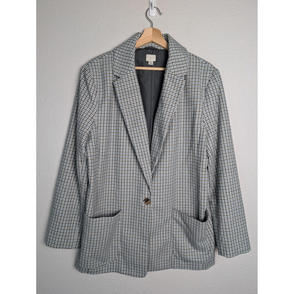 A‎ New Day Blazer Jacket Womens L Gray Check Collared Lined Pockets Button Front